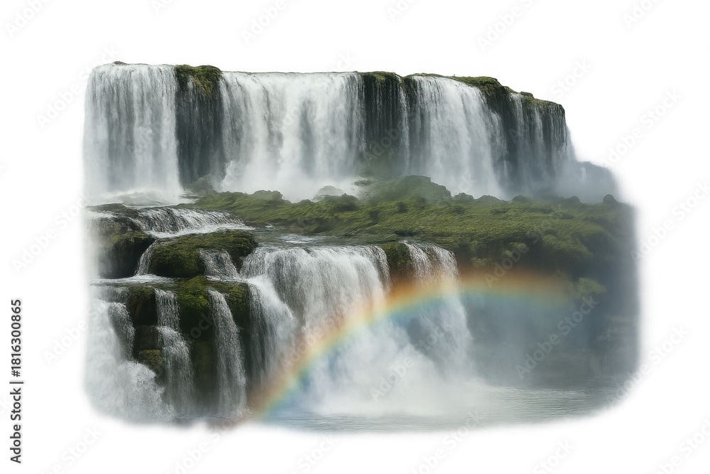 Naklejka premium Iguazu falls waterfall with rainbow over cascades and lush green vegetation showing natural beauty, transparent background