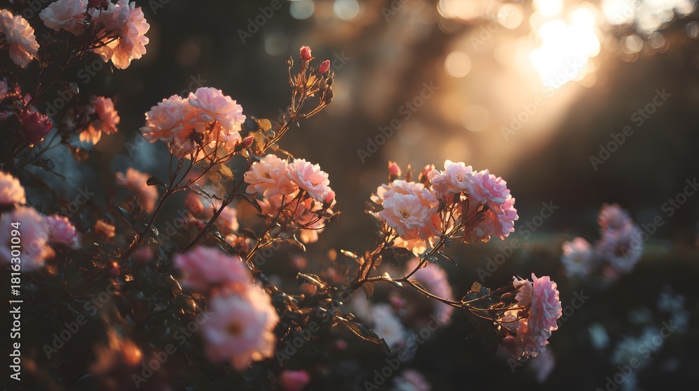Fototapeta premium Beautiful pink roses blooming in a garden with golden sunset light.
