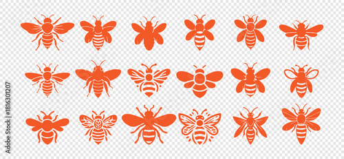 Set of solid orange bee icon isolated on transparent background vector illustration for design