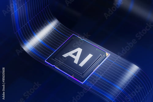 Futuristic AI processor chip embedded in circuit with glowing lines on dark blue digital background representing artificial intelligence concept. 3D Rendering