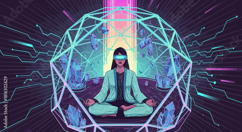 Meditative VR: Woman in Virtual Reality Meditation with Crystals and Geometric Structure