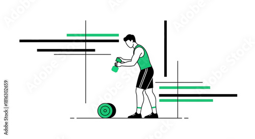 Minimalist illustration of a man lifting dumbbells in a fitness setting focusing on strength