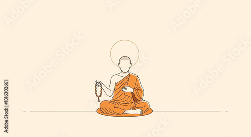 Minimalist illustration of a buddhist monk meditating with prayer beads in peaceful state