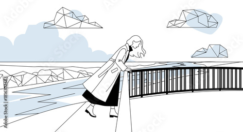 Minimalist Illustration of a Woman on a Bridge Contemplating the Geometric Landscape