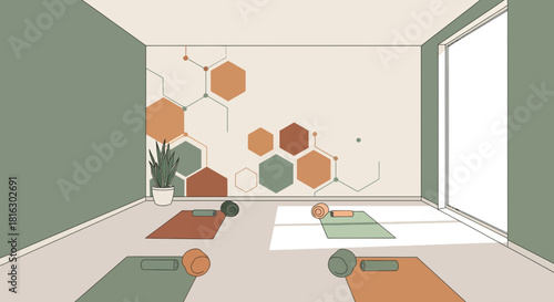 Minimalist yoga studio with colorful hexagonal pattern and mats creating a serene atmosphere