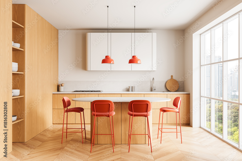 Naklejka premium Modern kitchen interior with red bar stools and pendant lighting in bright minimalist space with wood accents and panoramic city view window. 3D Rendering