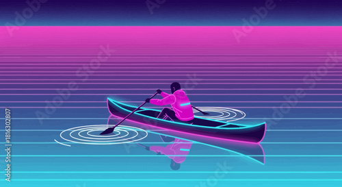 Neon dreams a solitary journey on a retro wave ocean with a canoeist silhouette