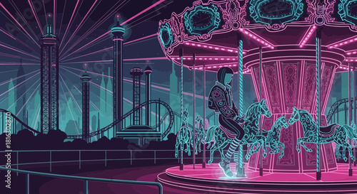 Neon lit amusement park with a carousel and a person enjoying the ride at night