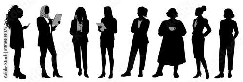 Silhouette of diverse business women standing in various poses, using phones and tablets. Professional female figures in modern office attire. Vector illustration isolated on transparent background