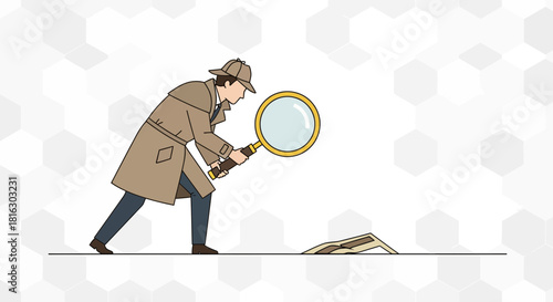 Illustration of a detective using a magnifying glass to inspect evidence on ground