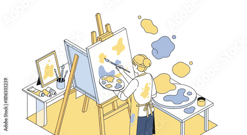 Illustration of a female artist painting on canvas in her studio with creative expression using