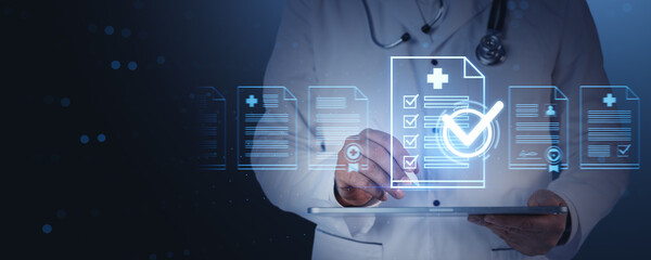 Digital healthcare checklist interface with doctor using tablet technology in futuristic medical concept on dark blue background with glowing icons.