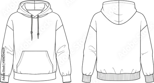 Technical fashion flat drawing of a relaxed-fit pullover hoodie featuring a drawstring hood, ribbed hem/cuffs, and a large kangaroo pocket, ideal for streetwear and casual looks.