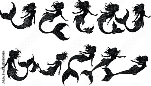 Elegant black mermaid silhouettes collection vector illustration isolated on white background, swimming female fantasy creatures for marine design elements.