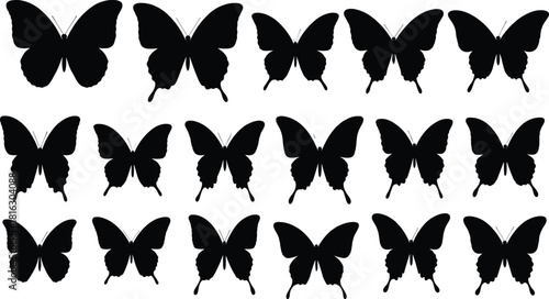 Large black silhouette vector set of 18 diverse, elegant butterflies and moths with different wing shapes, symbolizing nature, transformation, beauty, and freedom for graphic design projects.