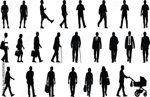 Large vector silhouette collection of diverse pedestrians in various active and stationary poses, representing business people, casual walkers, and elderly citizens for architectural plan renderings.