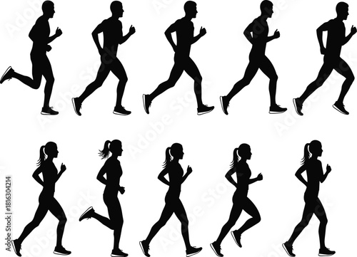 Mega Bundle of Running People Silhouettes Vector Set: Group of Male and Female Athletes Jogging and Sprinting, Representing Fitness, Marathon Training, Exercise, and Healthy Lifestyle Graphics.