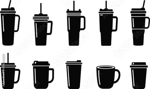 Set of black silhouette vector icons featuring reusable travel coffee mugs, large water tumblers with straws and beverage handles.