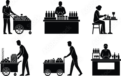 Set of Black Silhouettes Icons Showing Various Vendors, Bartenders, and Street Food Sellers Working in Retail and Service Industry Jobs.