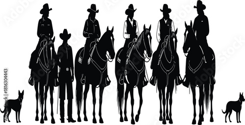 Striking black silhouette vector set of cowboys and cowgirls riding horses, accompanied by working dogs, depicting Western lifestyle, ranch work, equestrian sports, and trail riding adventure.