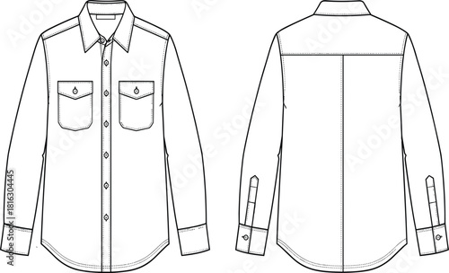 Technical fashion flat drawing of a long sleeve utility shirt with a pointed collar, patch pockets, button-down front, double cuffs, and Western yoke detail, in front/back view.