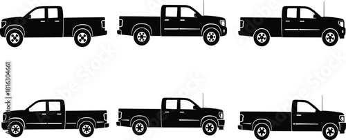 Set of Black Pickup Truck Silhouettes Vector Icons Representing Various Modern Utility Vehicles for Automotive, Construction, Transportation, and Off-Road Driving Concepts.