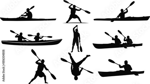 Vector silhouettes set of kayakers and canoers paddling in various action poses, including white-water, slalom, and casual paddling, representing extreme water sports and outdoor recreation.