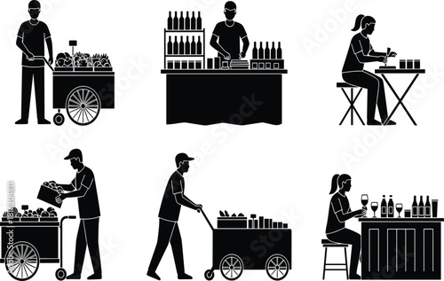 Black silhouette vector set of diverse street vendors and food service workers operating carts and stalls, representing local market commerce, 
