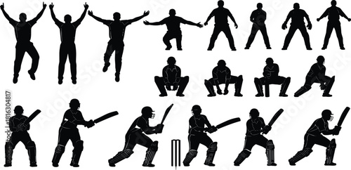 Vector silhouettes set of cricket players in action, including batsmen, wicketkeepers, and fielders celebrating or appealing, ideal for sports, competition, and team graphics.