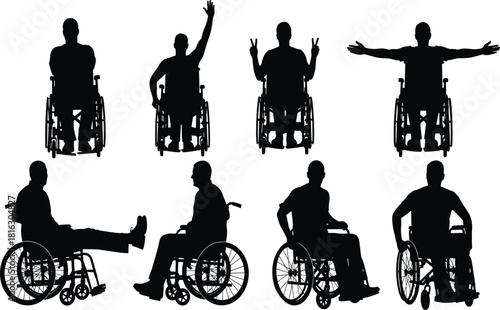 Diverse vector silhouette collection of disabled men in wheelchairs, depicting different active poses, gestures, and mobility, representing disability, accessibility,