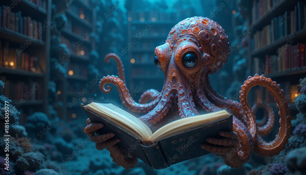 Obraz premium Octopus Reading a Book in Magical Blue Library