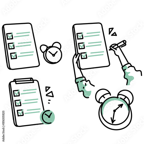 doodle check mark data clipboard and clock in hand drawn style