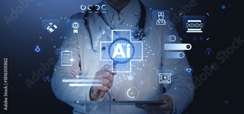 Futuristic doctor using AI hologram interface for healthcare technology innovation and digital medical data analysis concept on blue background.
