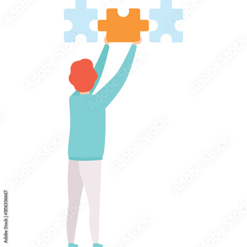Person holding an orange puzzle piece connecting to light blue puzzle pieces against a white background symbolizing connection and completion
