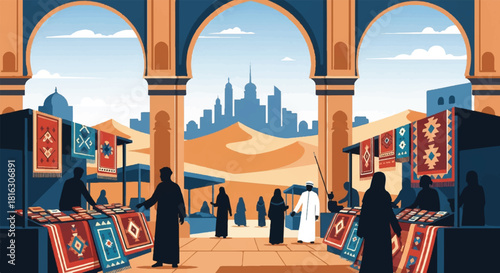 Traditional Middle Eastern Souk with Carpets Displayed and Modern Cityscape in the Distance