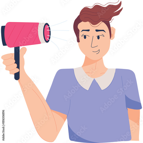 Person Using Pink Hairdryer To Style Brown Hair With Blue Airflow In Purple Shirt With White Collar Isolated On Transparent Background