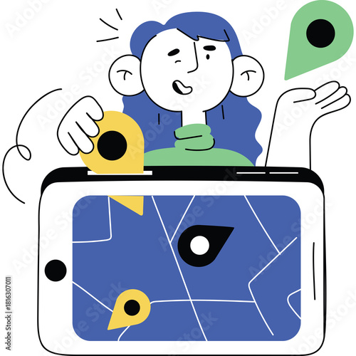 Person Holding Smartphone Displaying Navigation Map With Location Pointers Indicating Direction and Search On Transparent Background