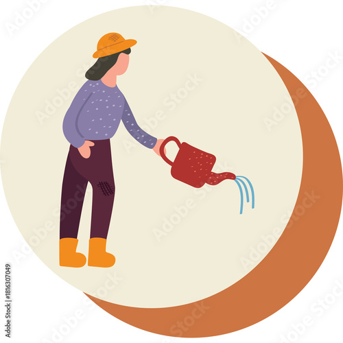 Person in Orange Hat Watering Plants with Red Watering Can Against a Cream and Brown Background