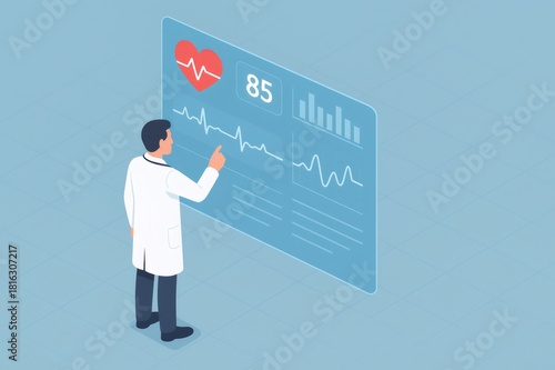 Doctor interacting with a futuristic display showing heart rate and electrocardiogram for advanced medical diagnostics