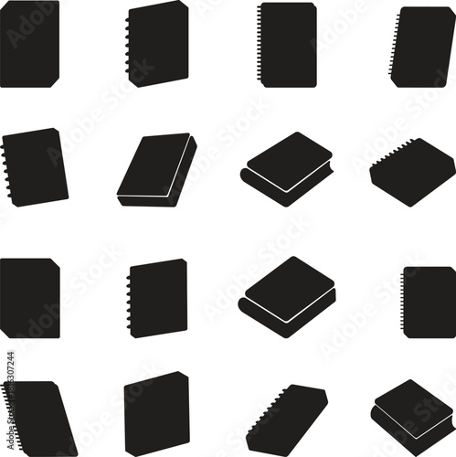 Collection of black notebook and book icons in various perspectives