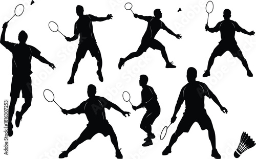 Badminton Player Silhouettes Set of Male Athletes with Rackets Performing Action Poses Vector Illustration