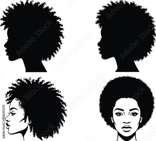Black woman afro hairstyle vector collection featuring silhouette profiles and detailed portraits for salon and fashion design.
