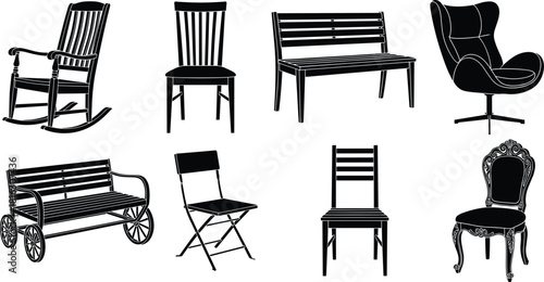 Chair and bench silhouettes set including rocking, dining, and armchair furniture vector illustration isolated on white background.