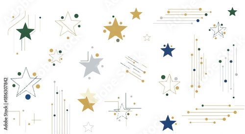 Abstract festive stars and elegant linear patterns in gold, blue, and green, perfect for celebratory graphic designs and decorations