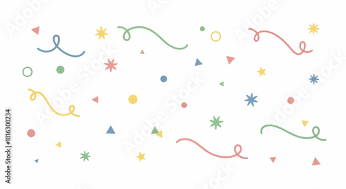 Playful abstract vector background featuring colorful pastel confetti, whimsical squiggles, and geometric shapes scattered for festive celebration designs