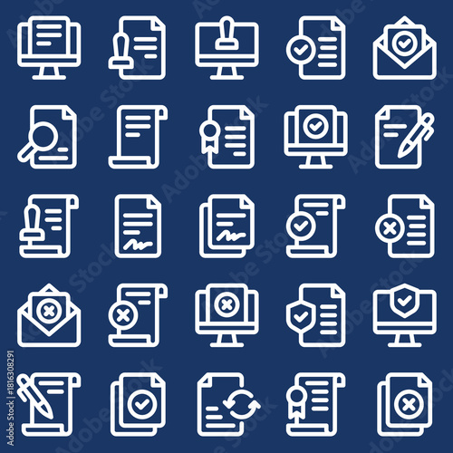 Collection of Line Icons Featuring Contracts, Documents, and Legal Agreements, Ideal for Digital and Print Design