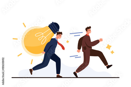 Untimely, unnecessary, unsuccessful or bad idea, business project. Tiny businessman carrying big light bulb trying to catch up with another with negative opinion of idea cartoon vector illustration