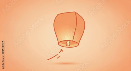 Orange sky lantern floating upwards with flame and smoke trails, illustrating festive wishes and hope