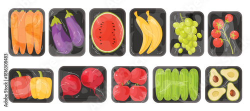Vegetables and fruits in supermarket trays with clear wrap. Transparent film on styrofoam box with food products, package with tomato cherry and avocado, cucumber and apple cartoon vector illustration