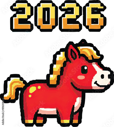 Retro 8-Bit Pixel Art Cute Horse Character with 2026 Text, Vintage Video Game Style Vector Icon